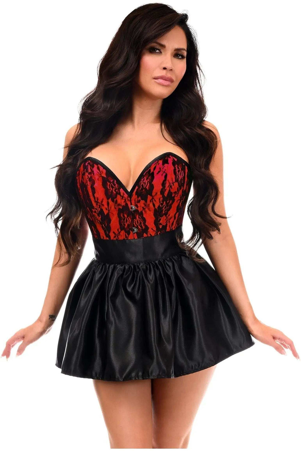 Daisy Corsets Top Drawer 2 PC Red Lace Steel Boned Corset & Satin Skirt Set - Daisy Corsets - Flyclothing LLC