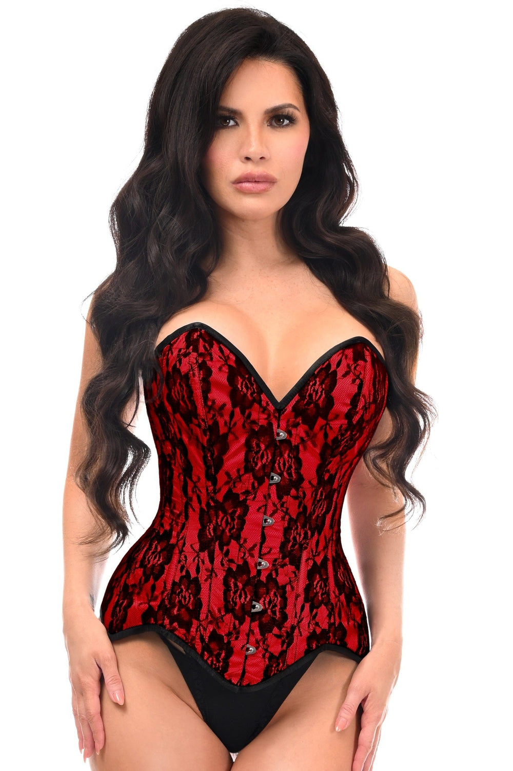 Daisy Corsets Top Drawer Red Satin w/Black Lace Overlay Steel Boned Overbust Corset - Daisy Corsets
