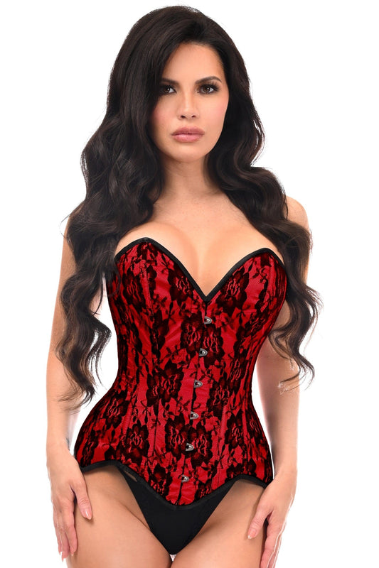 Daisy Corsets Top Drawer Red Satin w/Black Lace Overlay Steel Boned Overbust Corset - Daisy Corsets