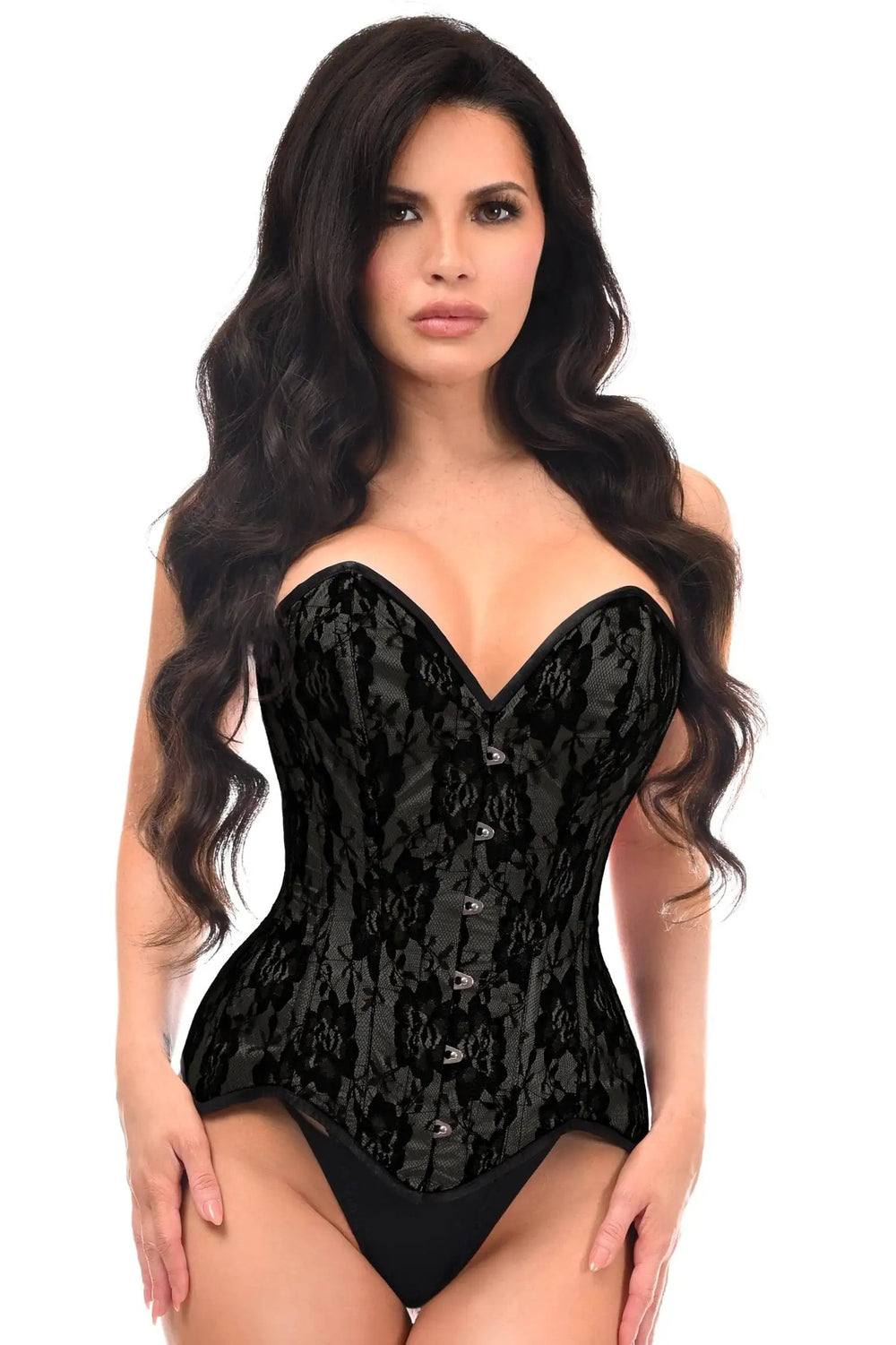 Daisy Corsets Top Drawer Black Satin w/Black Lace Overlay Steel Boned Overbust Corset - Daisy Corsets