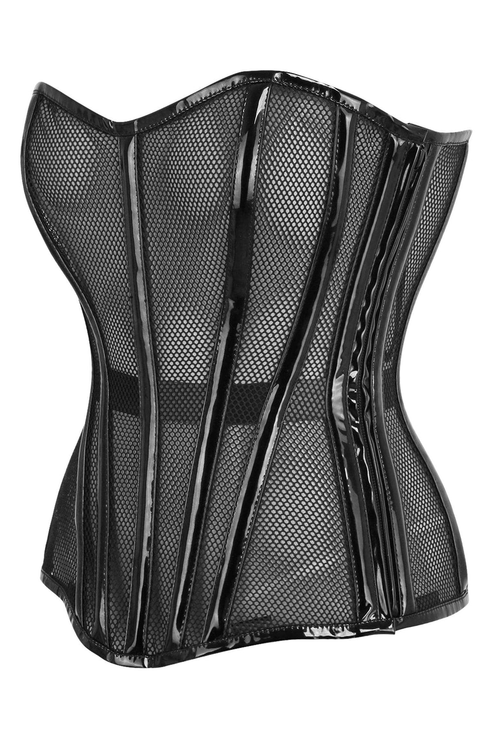 Daisy Corsets Top Drawer Black Fishnet w/Patent Steel Boned Overbust Corset - Daisy Corsets - Flyclothing LLC