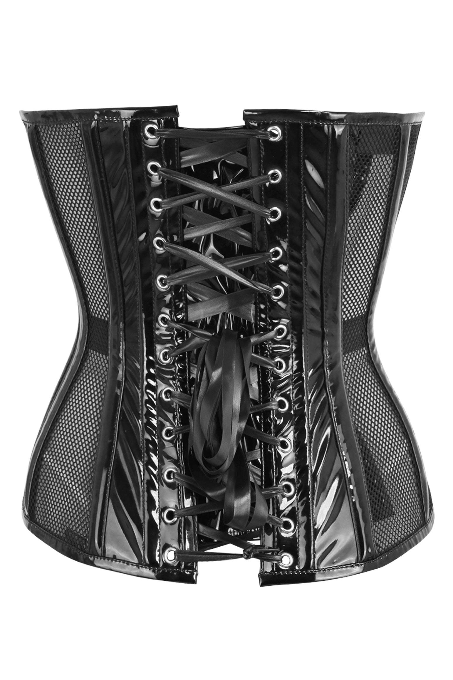 Daisy Corsets Top Drawer Black Fishnet w/Patent Steel Boned Overbust Corset - Daisy Corsets - Flyclothing LLC