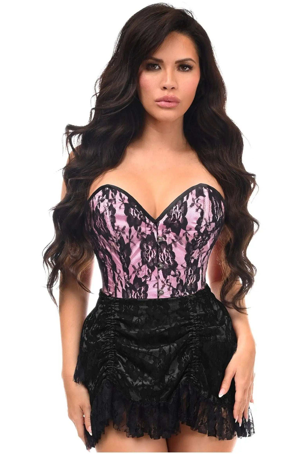 Daisy Corsets Top Drawer 2 PC Pink/Black Lace Steel Boned Corset & Skirt Set - Daisy Corsets - Flyclothing LLC