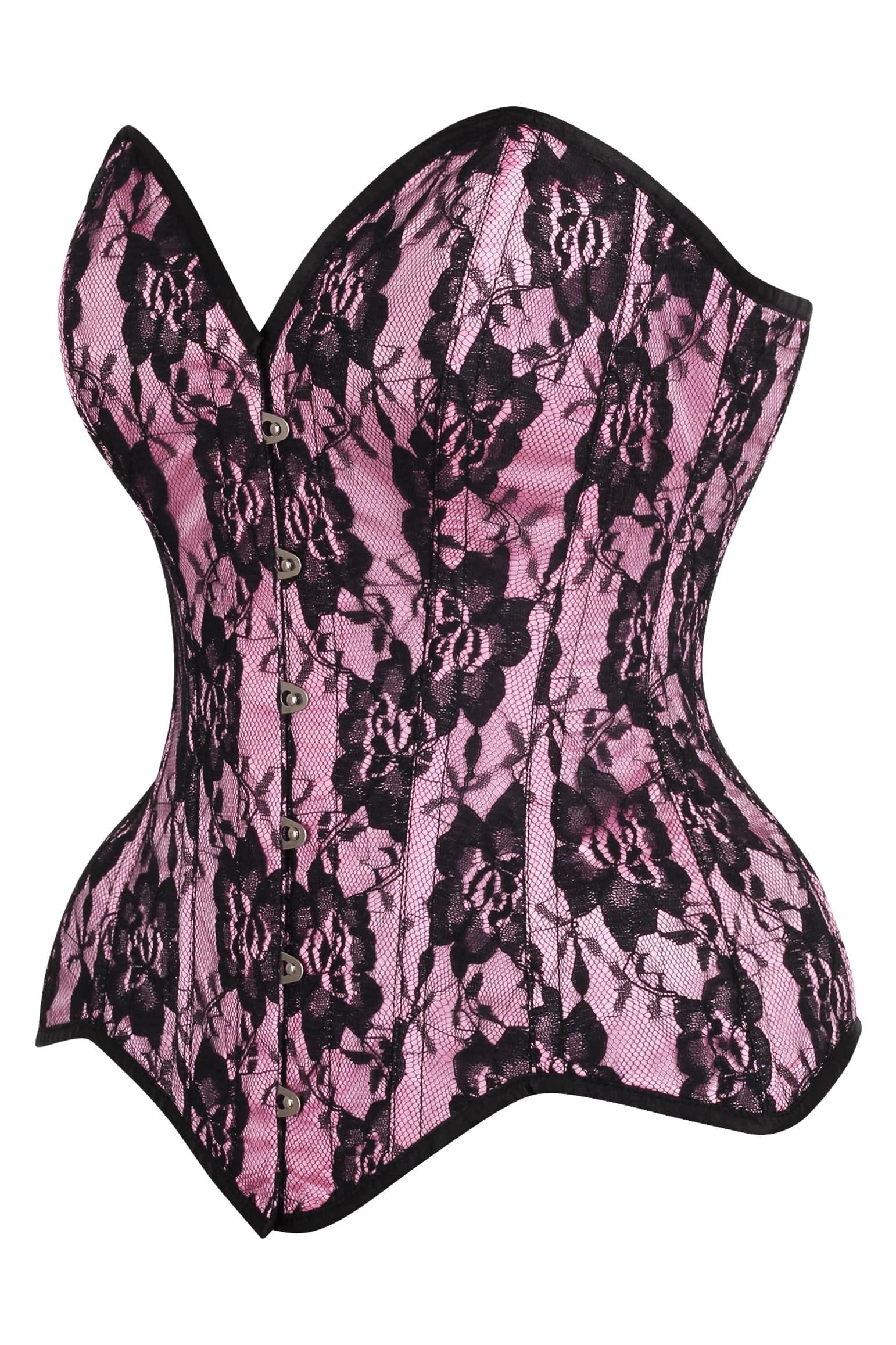 Daisy Corsets Top Drawer Pink Satin w/Black Lace Overlay Steel Boned Overbust Corset - Daisy Corsets