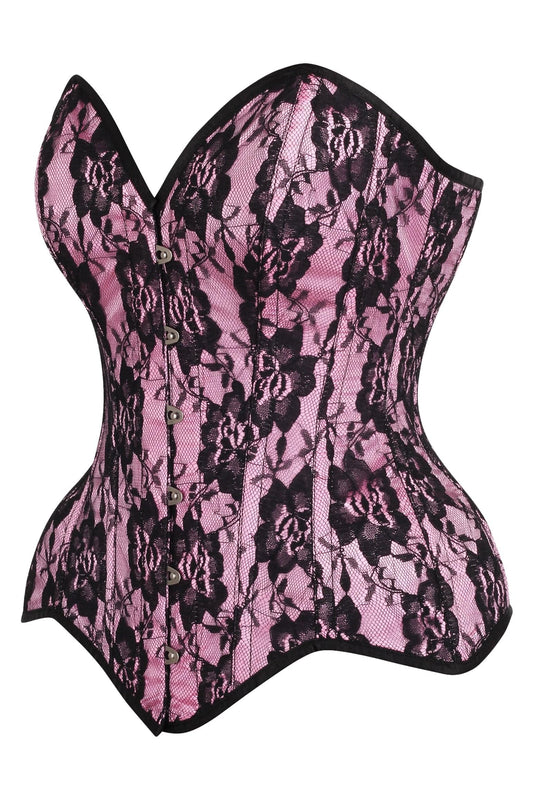 Daisy Corsets Top Drawer Pink Satin w/Black Lace Overlay Steel Boned Overbust Corset - Daisy Corsets