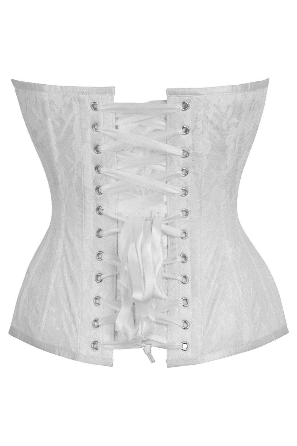 Daisy Corsets Top Drawer White Satin w/White Lace Overlay Steel Boned Overbust Corset - Daisy Corsets - Flyclothing LLC