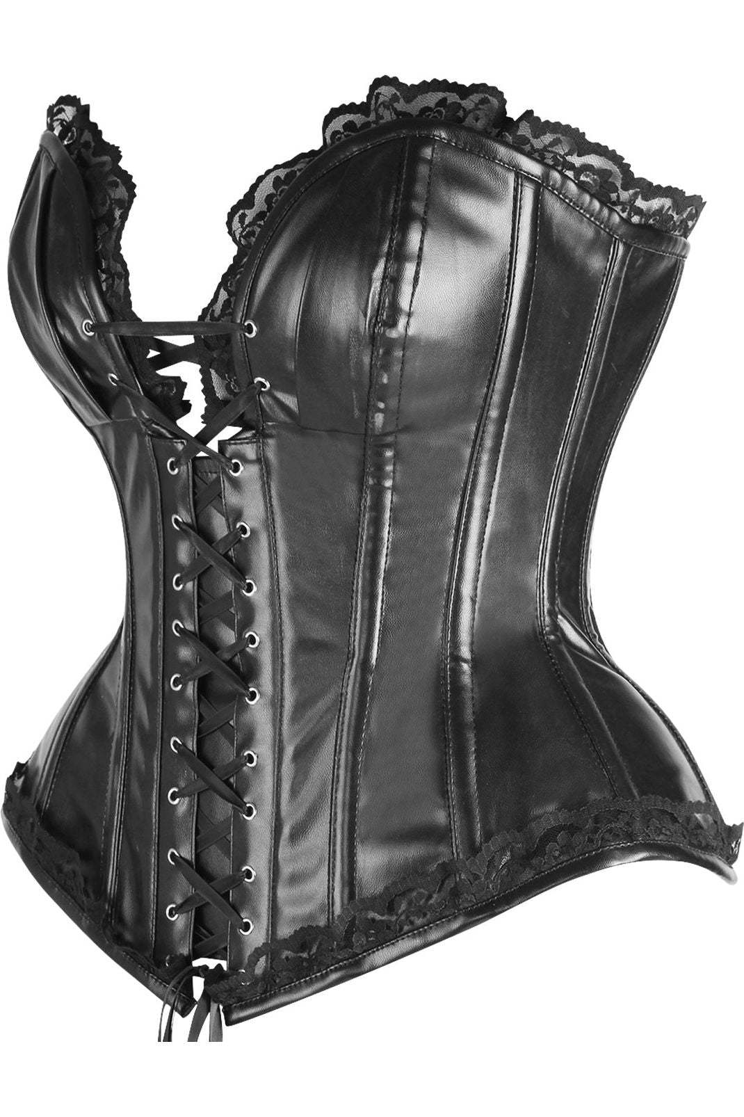 Daisy Corsets Top Drawer Black Faux Leather & Lace Trim Steel Boned Corset - Daisy Corsets - Flyclothing LLC