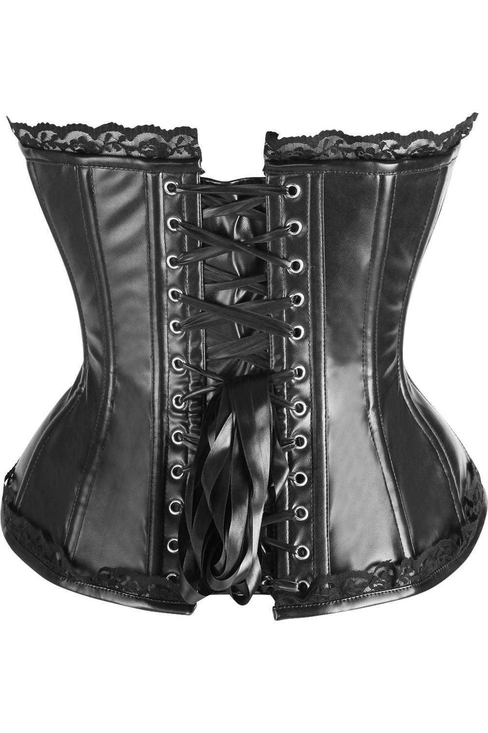 Daisy Corsets Top Drawer Black Faux Leather & Lace Trim Steel Boned Corset - Daisy Corsets - Flyclothing LLC