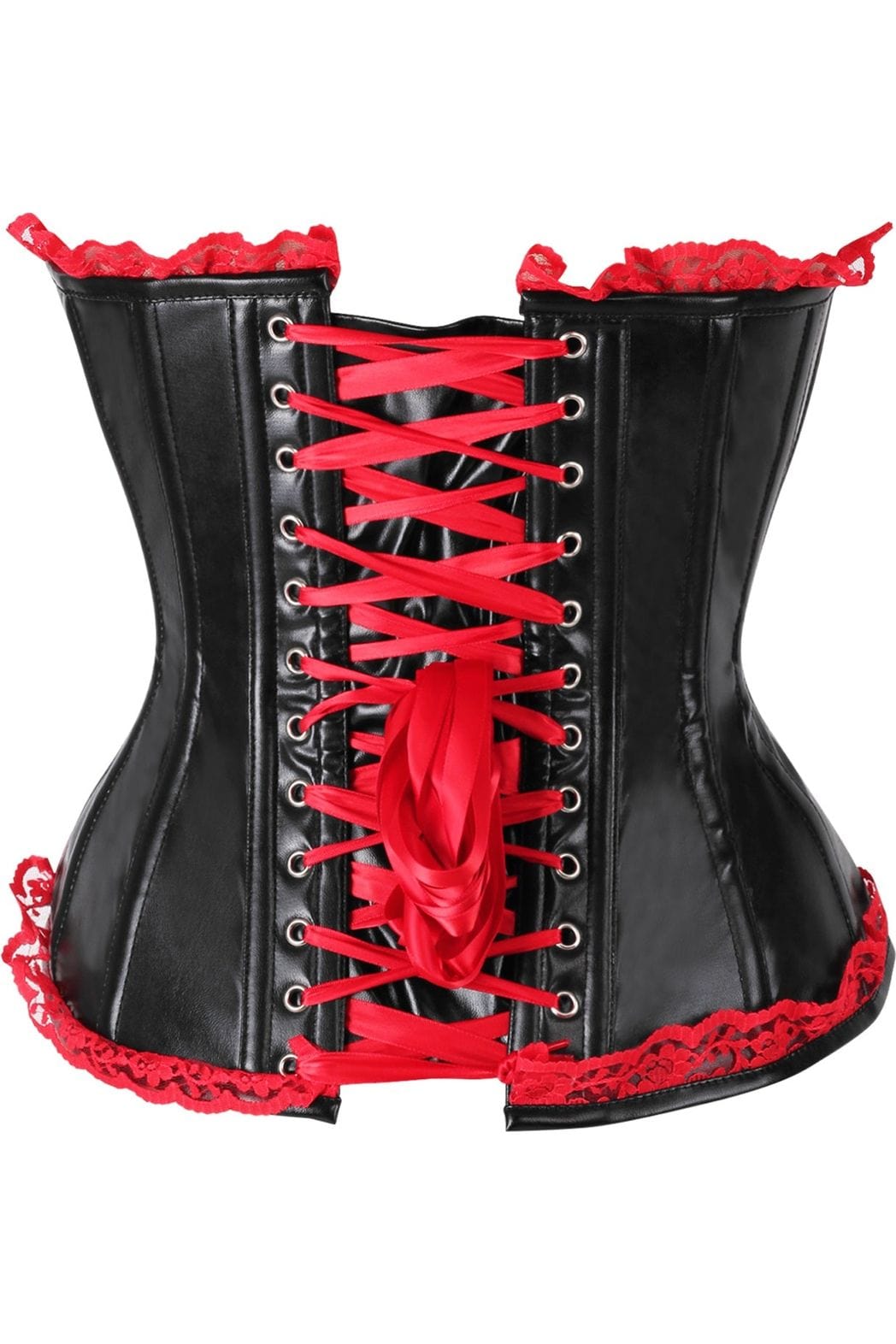 Daisy Corsets Top Drawer Black Faux Leather & Red Lace Trim Steel Boned Corset - Daisy Corsets