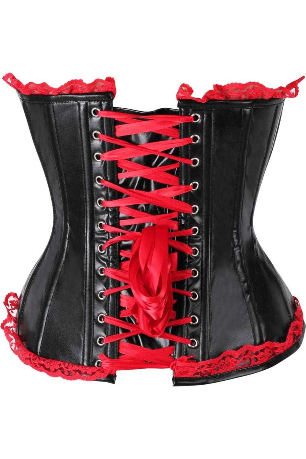 Daisy Corsets Top Drawer Black Faux Leather & Red Lace Trim Steel Boned Corset - Daisy Corsets - Flyclothing LLC