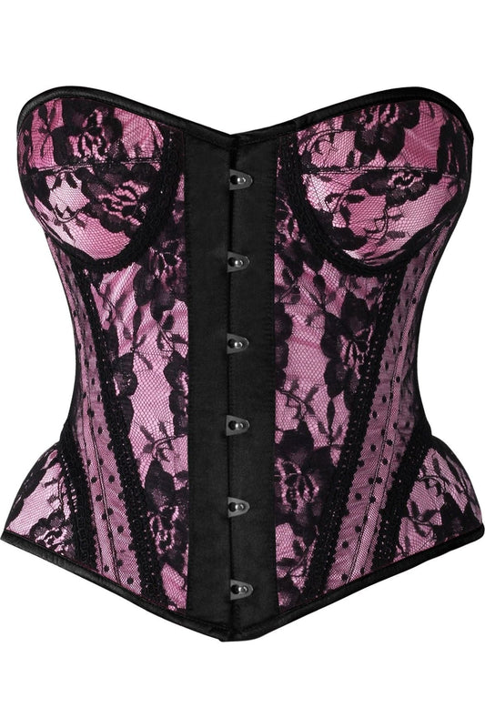 Daisy Corsets Top Drawer Pink w/Black Lace Steel Boned Underwire Bustier Corset - Daisy Corsets