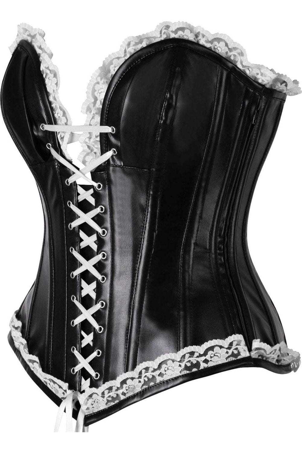Daisy Corsets Top Drawer Black Faux Leather & White Lace Trim Steel Boned Corset - Daisy Corsets - Flyclothing LLC
