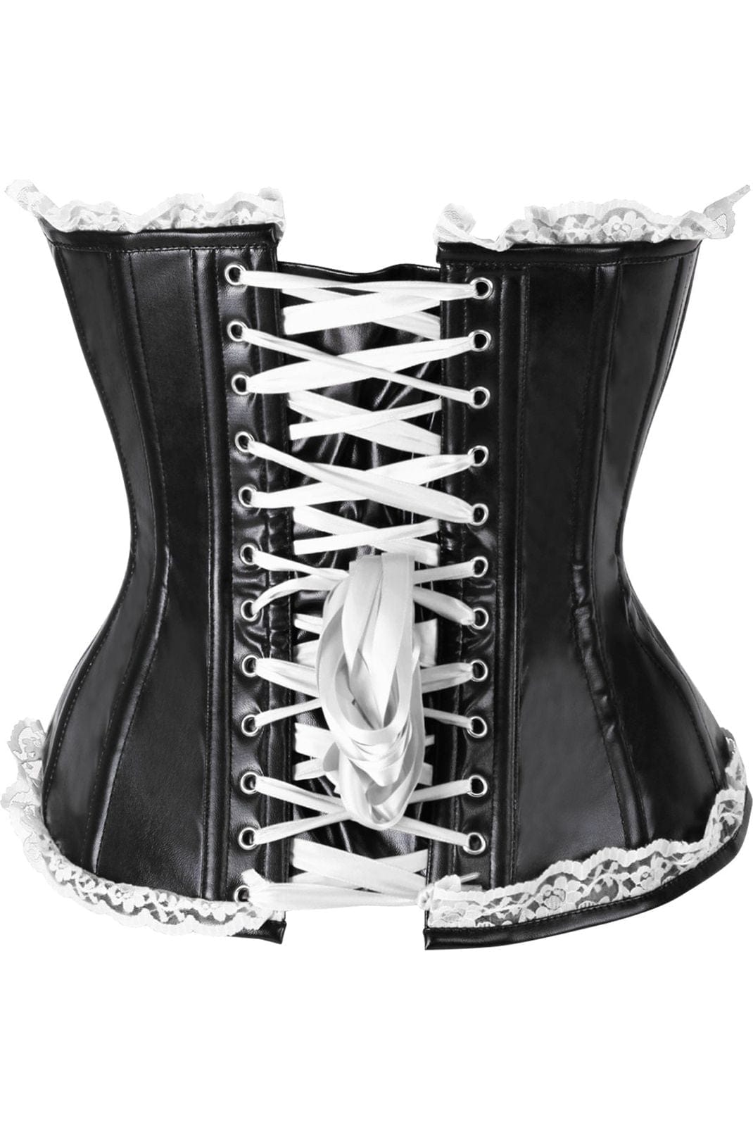 Daisy Corsets Top Drawer Black Faux Leather & White Lace Trim Steel Boned Corset - Daisy Corsets