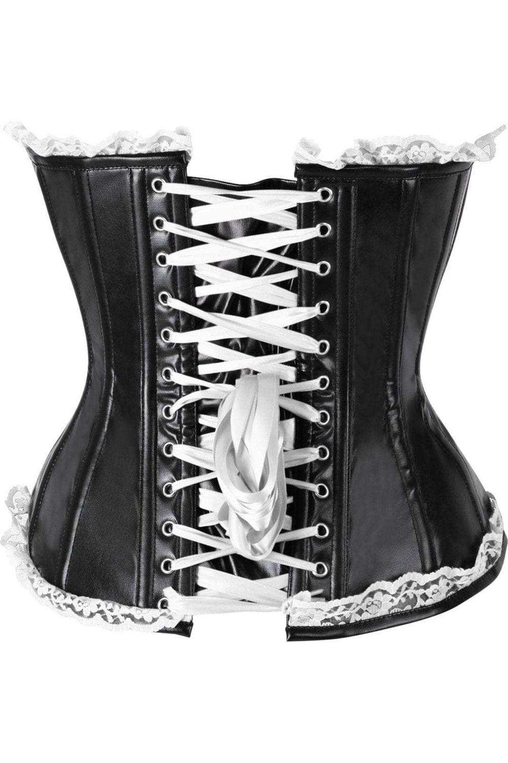 Daisy Corsets Top Drawer Black Faux Leather & White Lace Trim Steel Boned Corset - Daisy Corsets - Flyclothing LLC