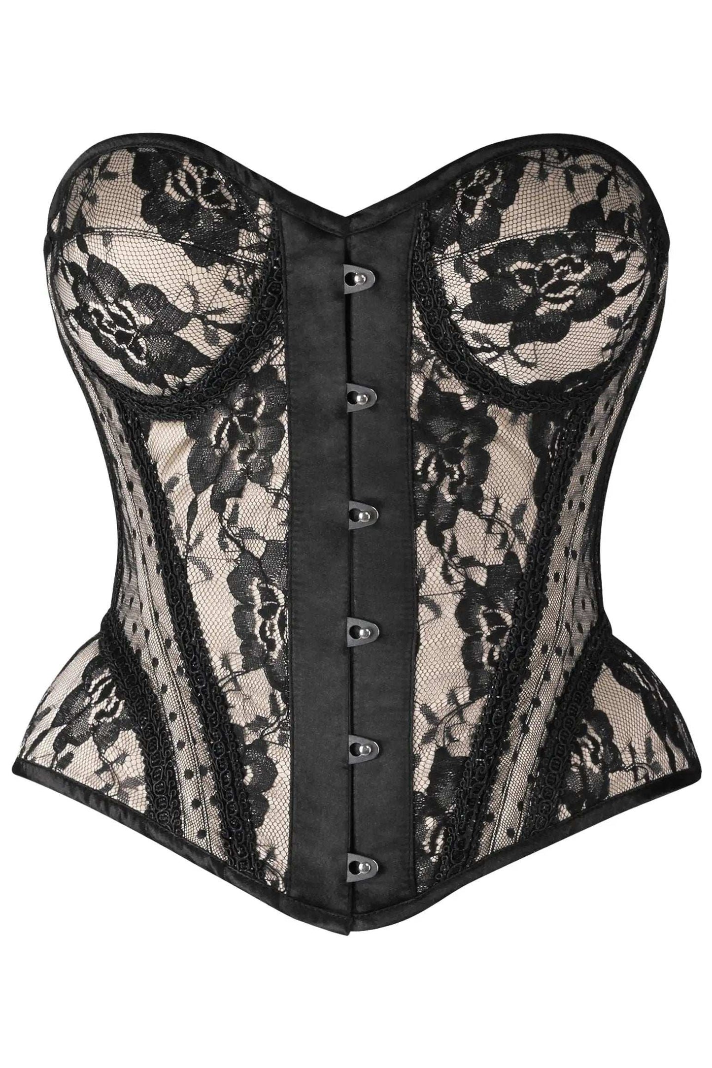 Daisy Corsets Top Drawer Nude w/Black Lace Steel Boned Underwire Bustier Corset - Daisy Corsets - Flyclothing LLC