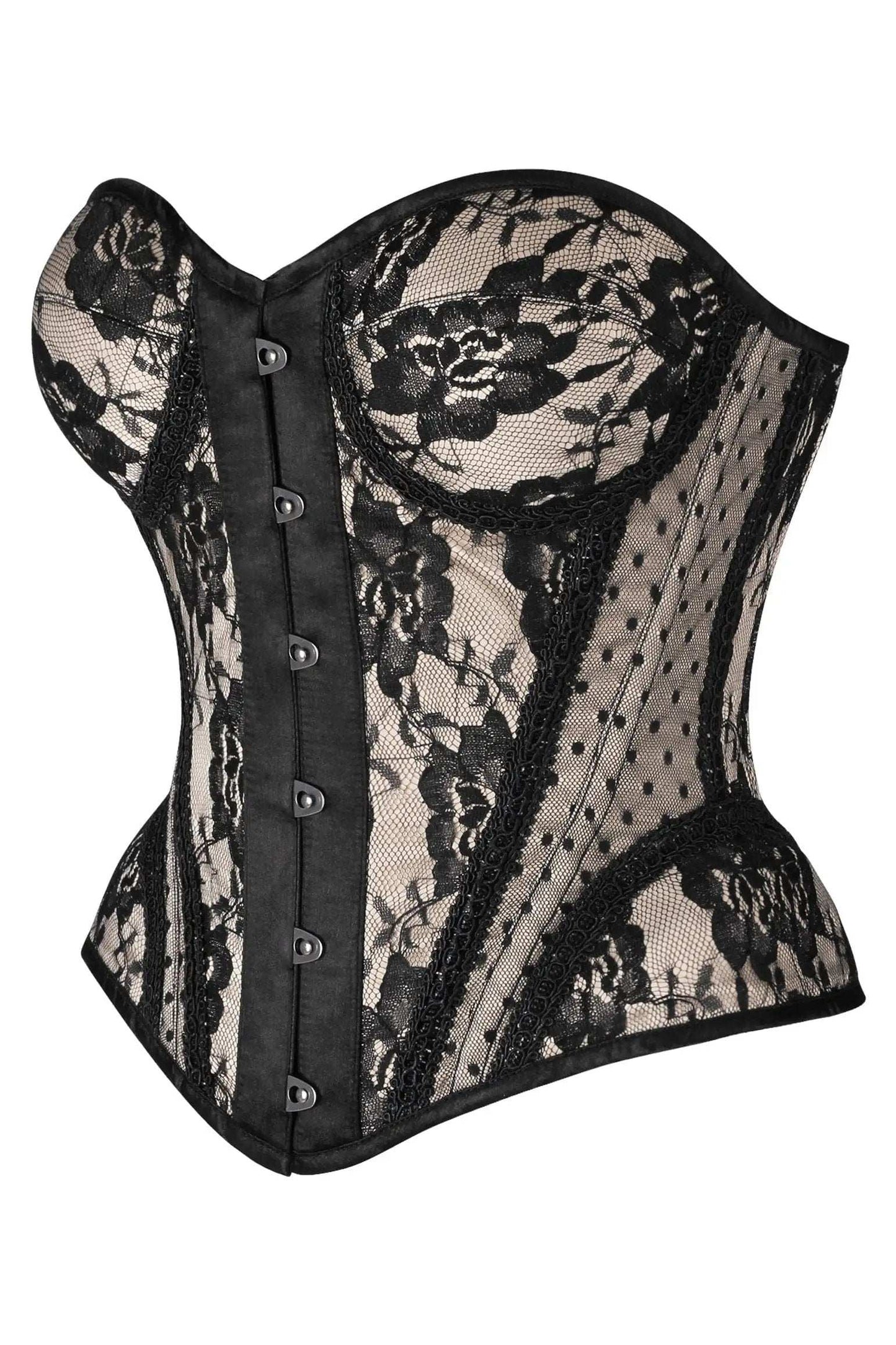 Daisy Corsets Top Drawer Nude w/Black Lace Steel Boned Underwire Bustier Corset - Daisy Corsets - Flyclothing LLC