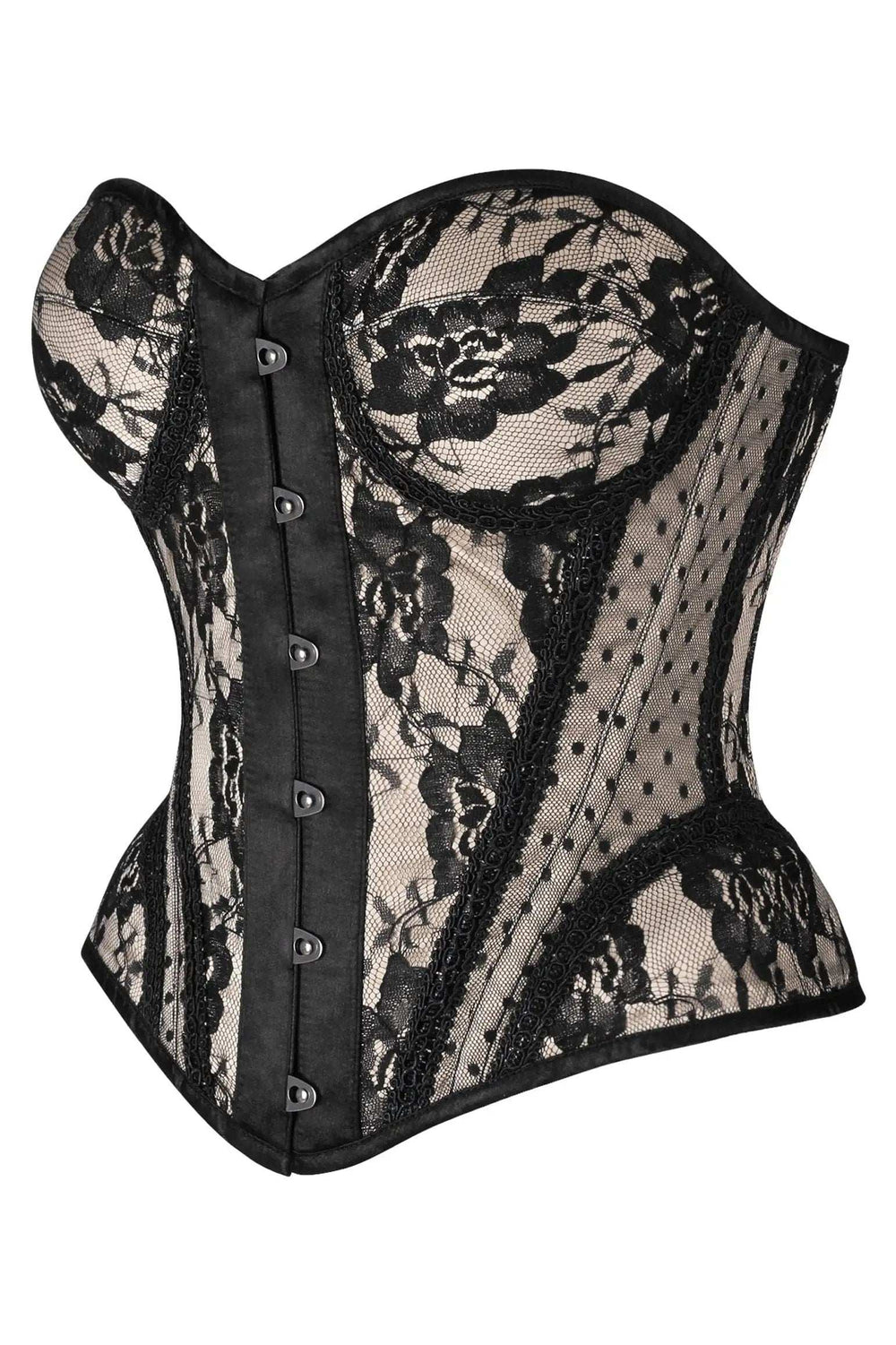 Daisy Corsets Top Drawer Nude w/Black Lace Steel Boned Underwire Bustier Corset - Daisy Corsets - Flyclothing LLC