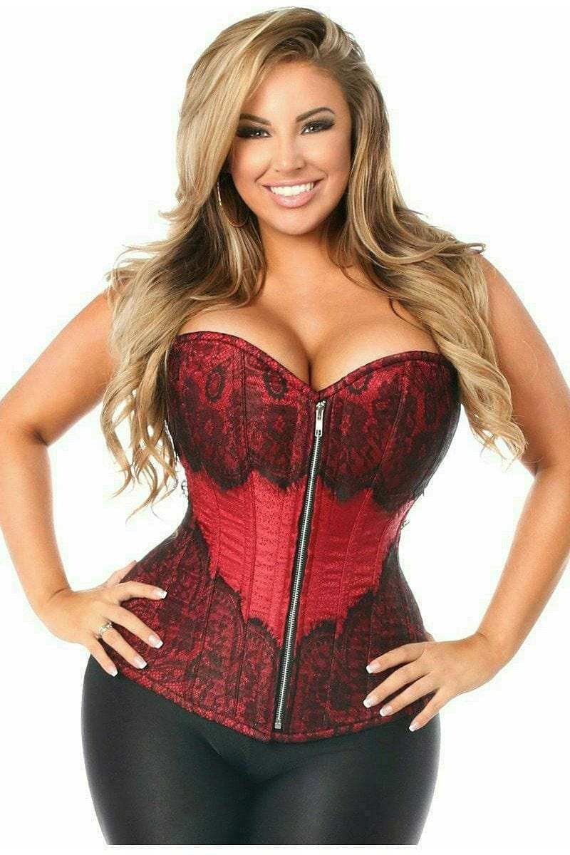 Daisy Corsets Top Drawer Wine Brocade Steel Boned Corset w/Black Eyelash Lace - Daisy Corsets - Flyclothing LLC