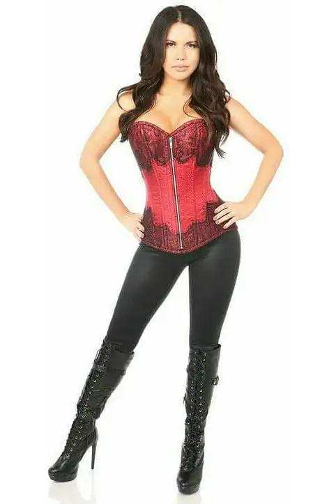 Daisy Corsets Top Drawer Wine Brocade Steel Boned Corset w/Black Eyelash Lace - Daisy Corsets - Flyclothing LLC