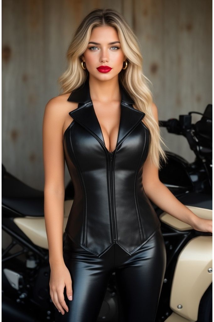 Top Drawer Faux Leather Collared Steel Boned Corset