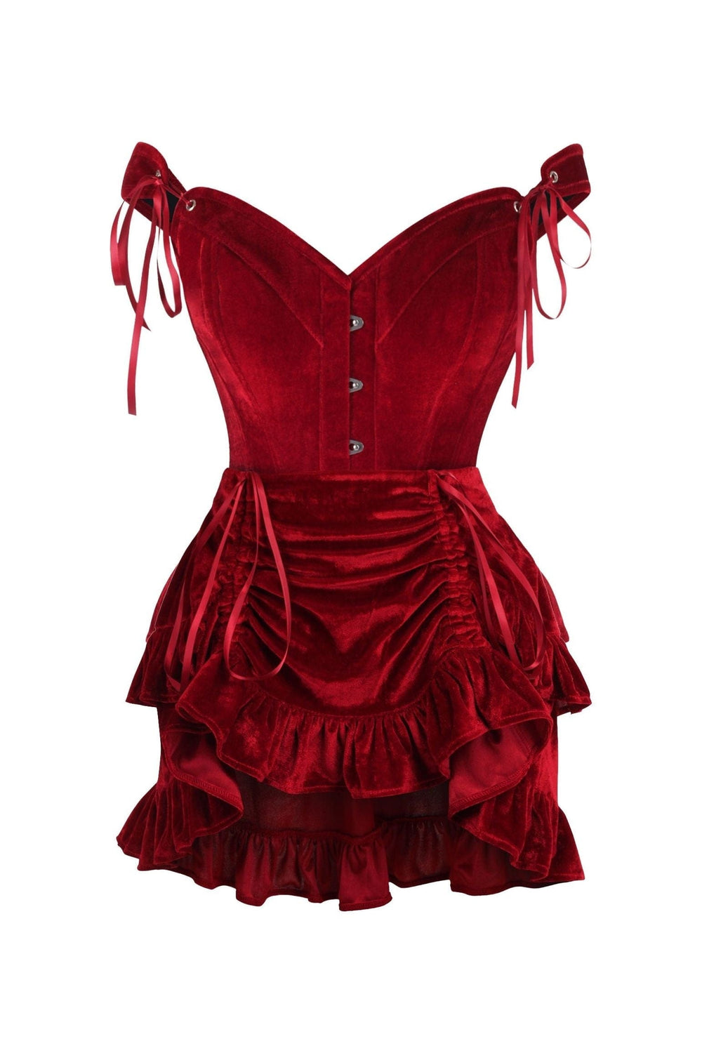 Daisy Corsets Top Drawer 2 PC Dark Red Velvet Steel Boned Corset & Skirt Set - Daisy Corsets