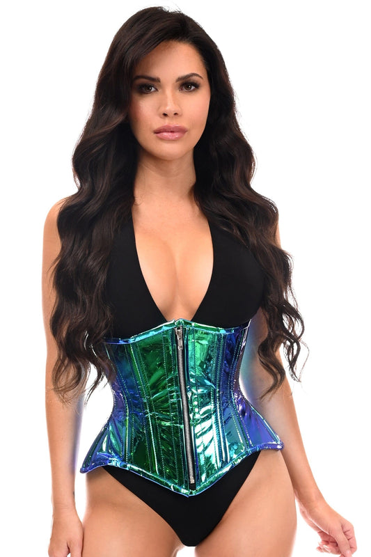 Daisy Corsets Top Drawer Blue/Teal Holo Double Steel Boned Underbust Waist Cincher Corset - Daisy Corsets