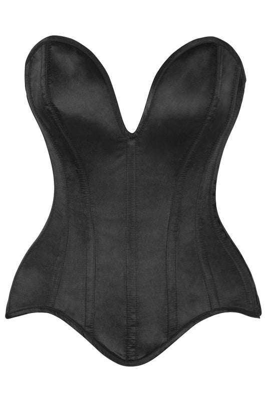 Daisy Corsets Top Drawer Steel Boned Black Satin Plunge Neckline Overbust Corset - Daisy Corsets