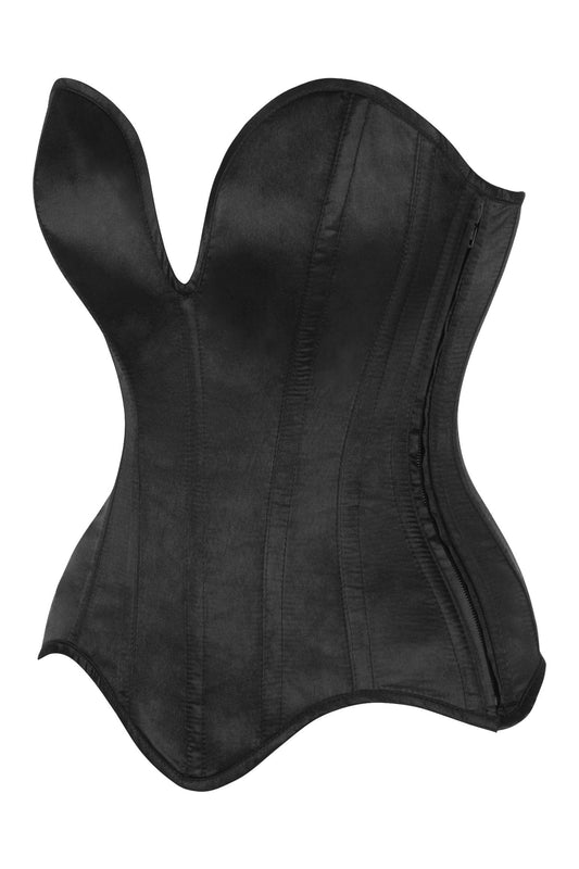 Daisy Corsets Top Drawer Steel Boned Black Satin Plunge Neckline Overbust Corset - Daisy Corsets