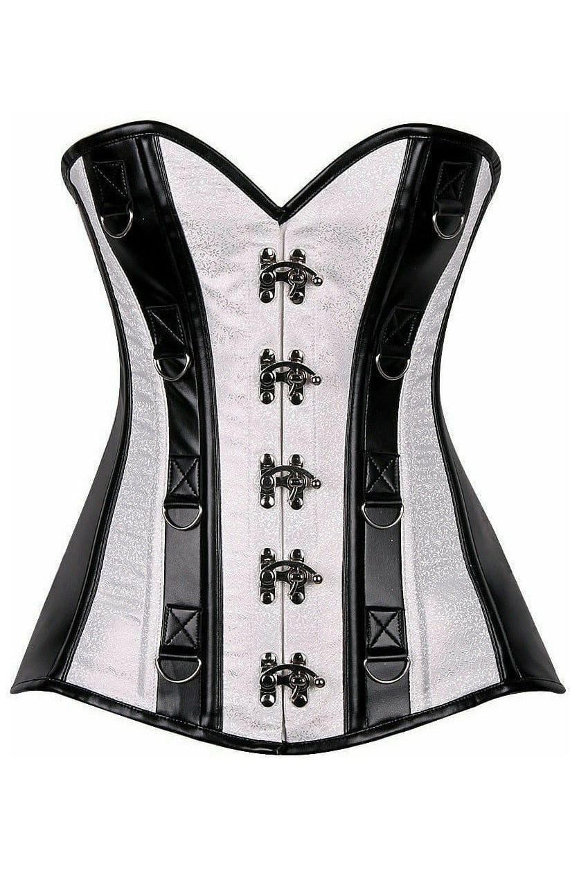 Daisy Corsets Top Drawer White Brocade & Faux Leather Steel Boned Corset - Daisy Corsets