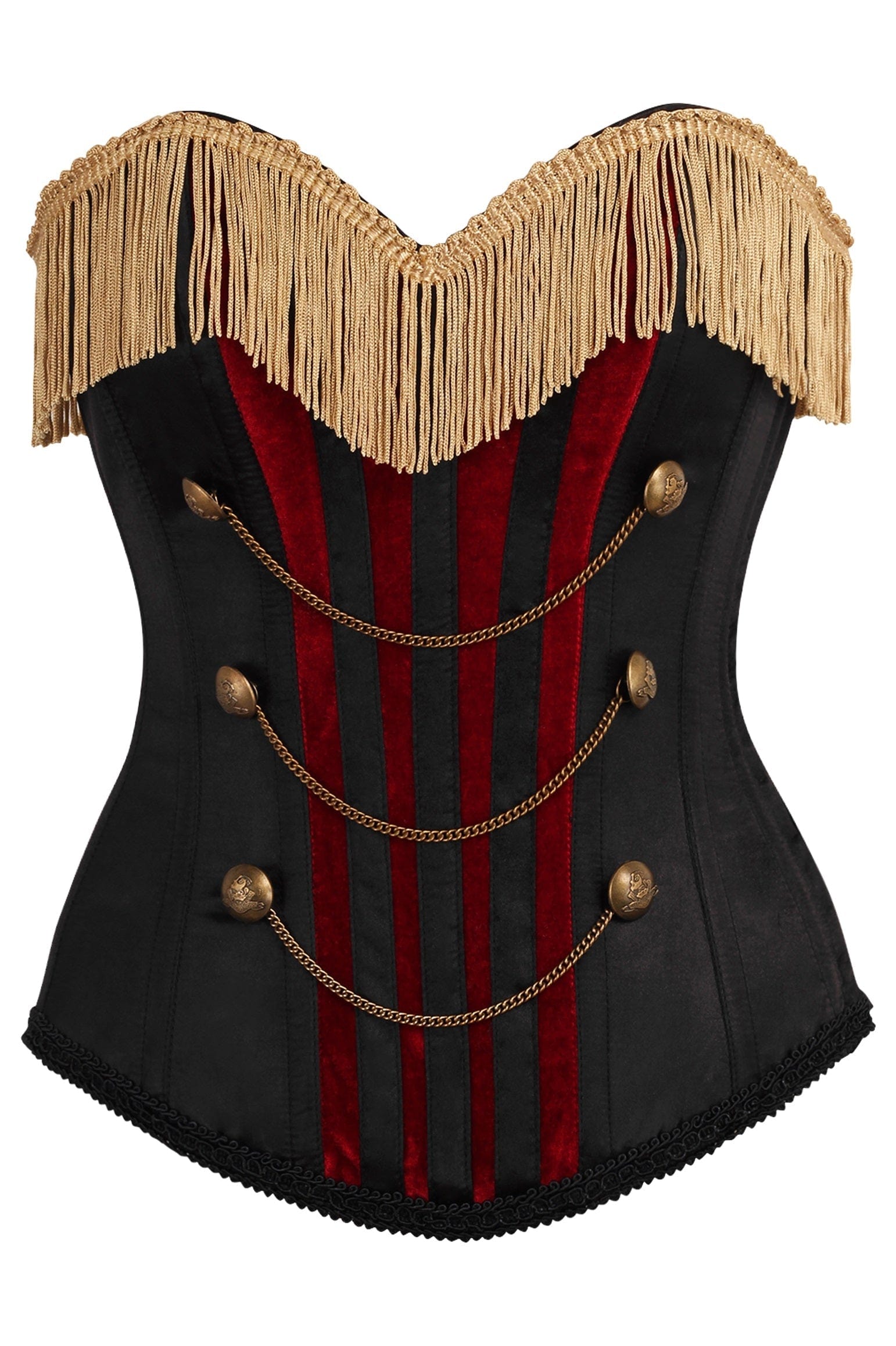 Daisy Corsets Top Drawer Burlesque Black/Dark Red Steel Boned Corset w/Gold Fringe - Daisy Corsets