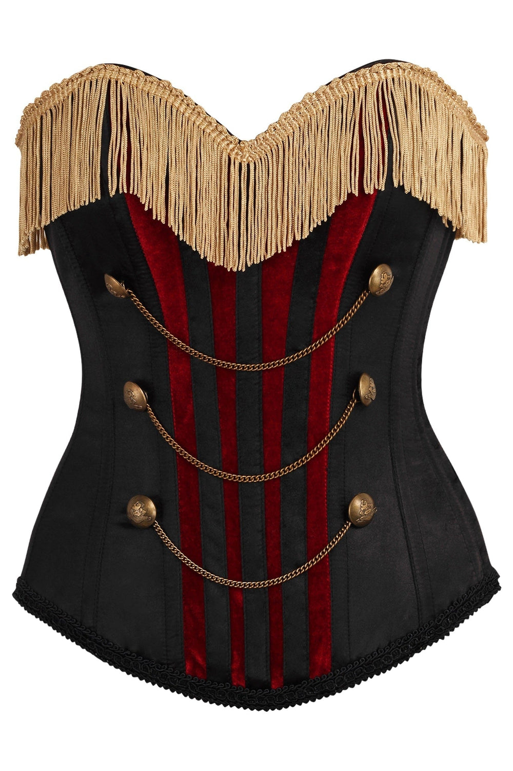 Daisy Corsets Top Drawer Burlesque Black/Dark Red Steel Boned Corset w/Gold Fringe - Daisy Corsets