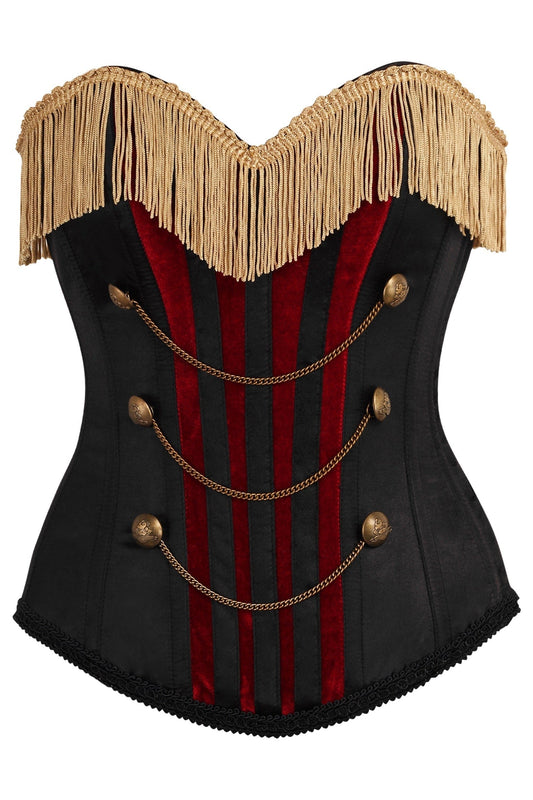 Daisy Corsets Top Drawer Burlesque Black/Dark Red Steel Boned Corset w/Gold Fringe - Daisy Corsets