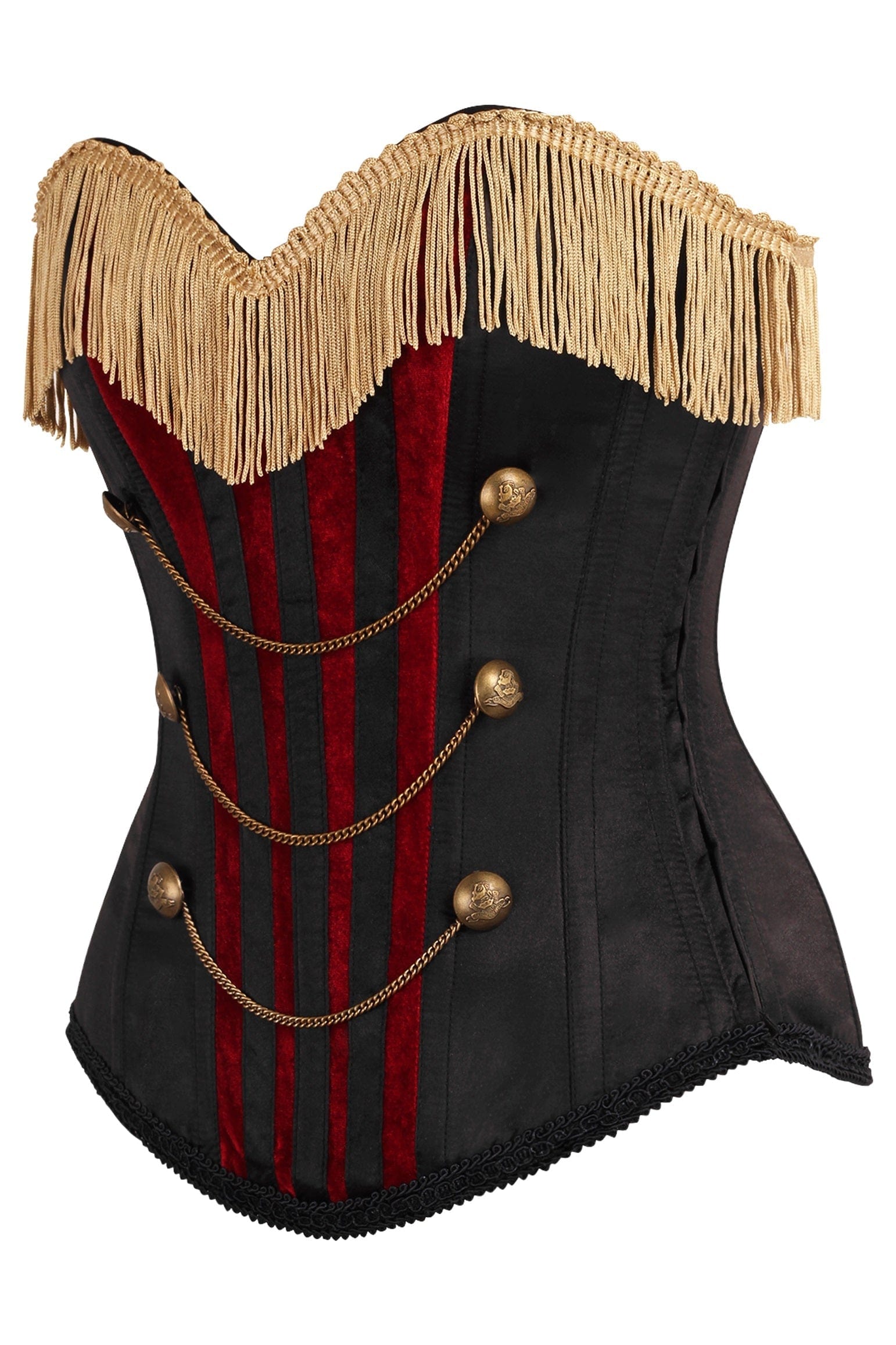 Daisy Corsets Top Drawer Burlesque Black/Dark Red Steel Boned Corset w/Gold Fringe - Daisy Corsets