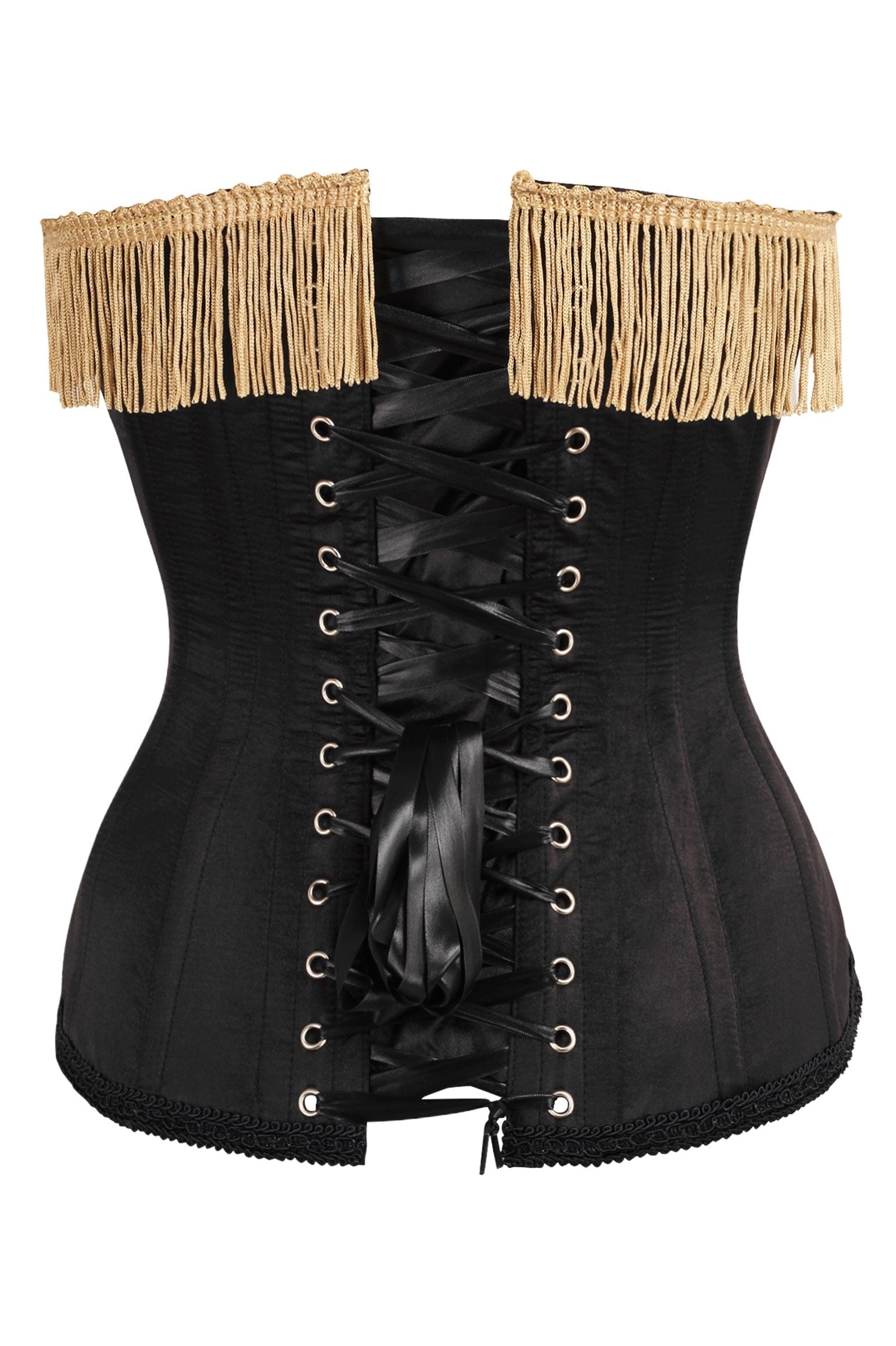 Daisy Corsets Top Drawer Burlesque Black/Dark Red Steel Boned Corset w/Gold Fringe - Daisy Corsets
