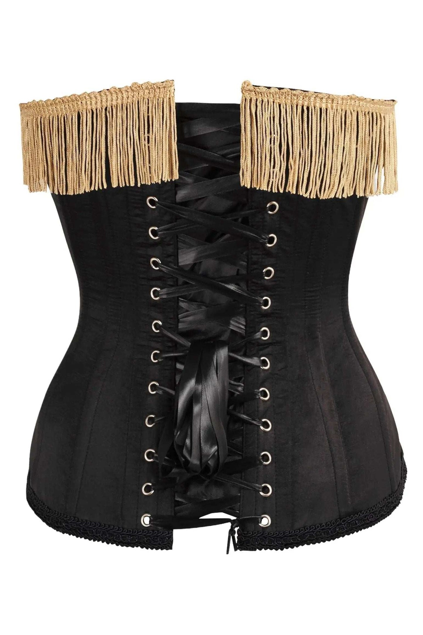 Daisy Corsets Top Drawer Burlesque Black/Dark Red Steel Boned Corset w/Gold Fringe - Daisy Corsets - Flyclothing LLC