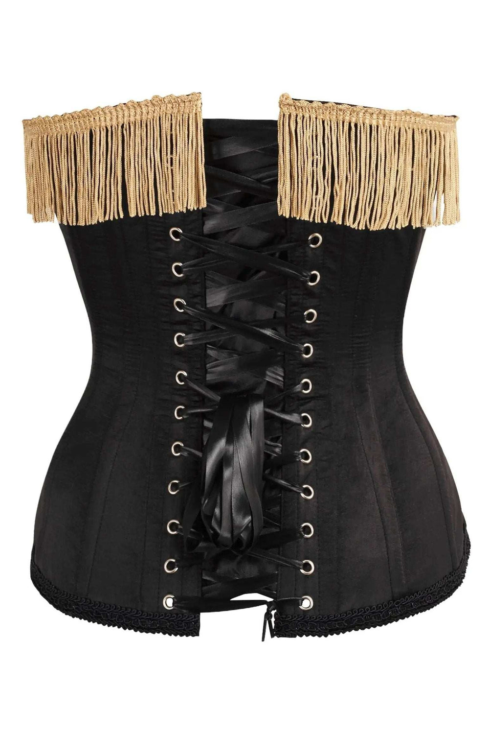 Daisy Corsets Top Drawer Burlesque Black/Dark Red Steel Boned Corset w/Gold Fringe - Daisy Corsets - Flyclothing LLC