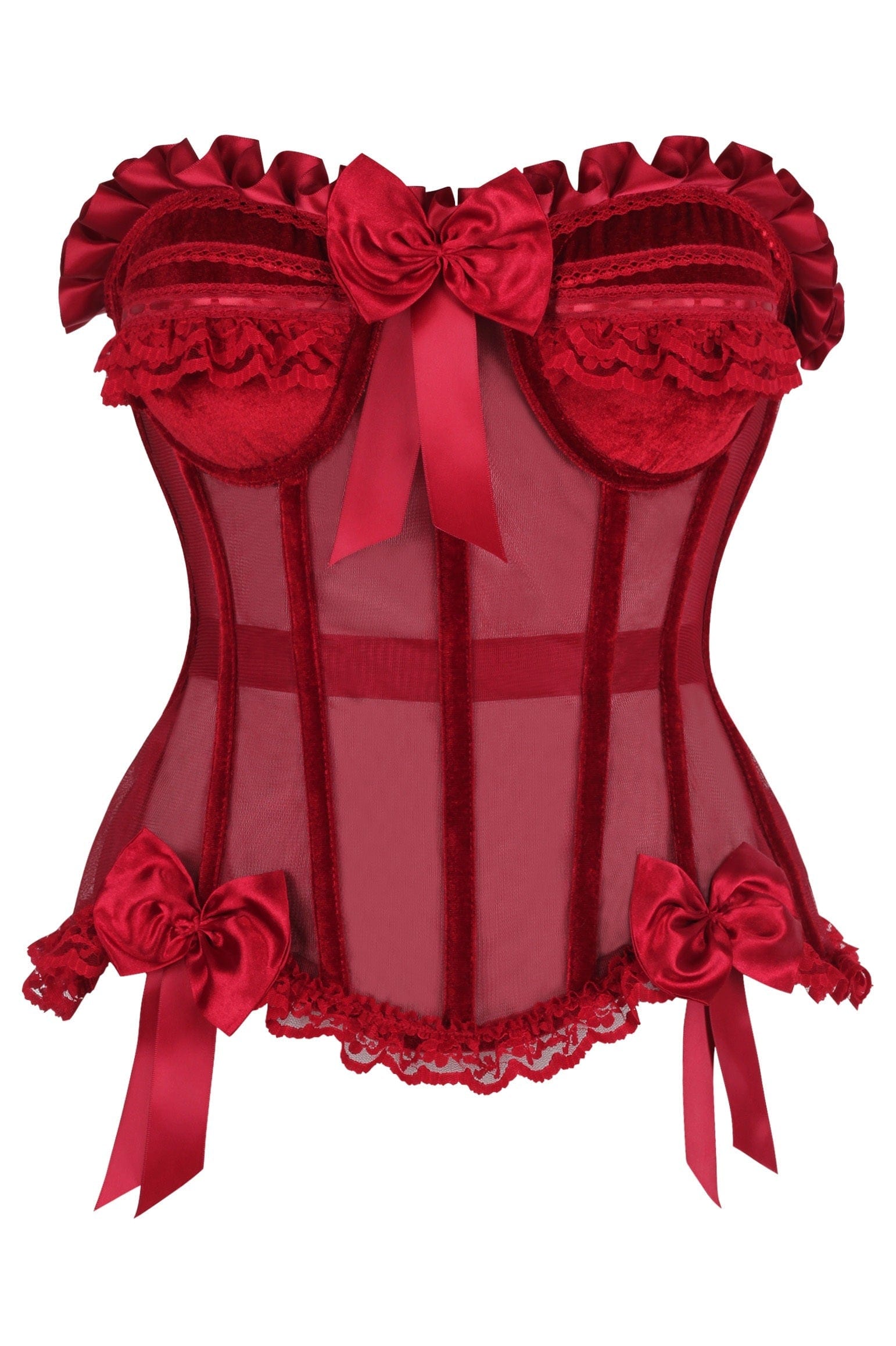 Daisy Corsets Top Drawer Steel Boned Dark Red Mesh & Velvet Underwire Bustier Corset - Daisy Corsets