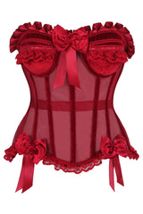 Daisy Corsets Top Drawer Steel Boned Dark Red Mesh & Velvet Underwire Bustier Corset - Daisy Corsets