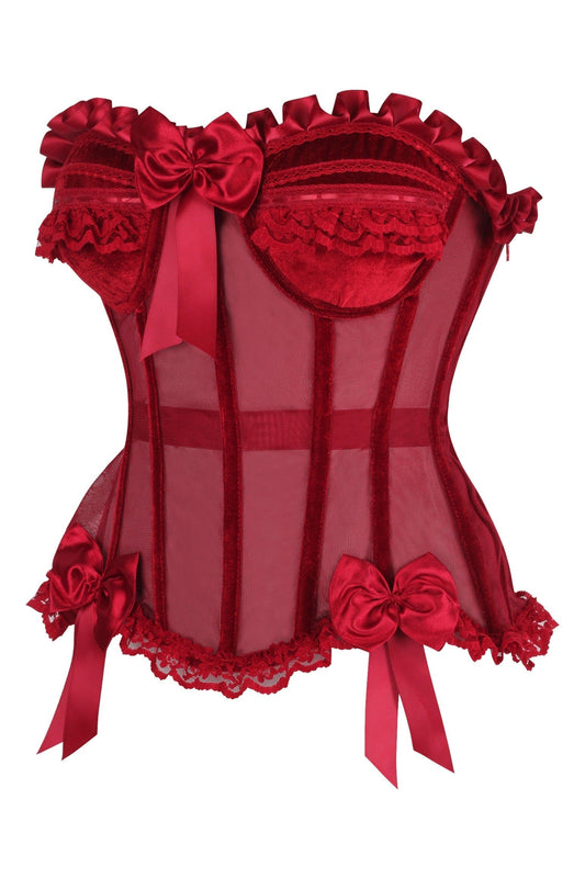 Daisy Corsets Top Drawer Steel Boned Dark Red Mesh & Velvet Underwire Bustier Corset - Daisy Corsets
