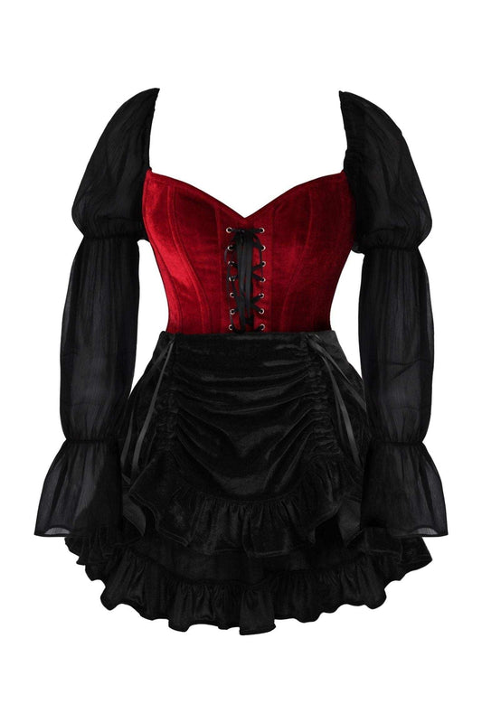 Daisy Corsets Top Drawer 2 PC Dark Red Velvet Steel Boned Corset w/Sleeves & Skirt Set - Daisy Corsets - Flyclothing LLC
