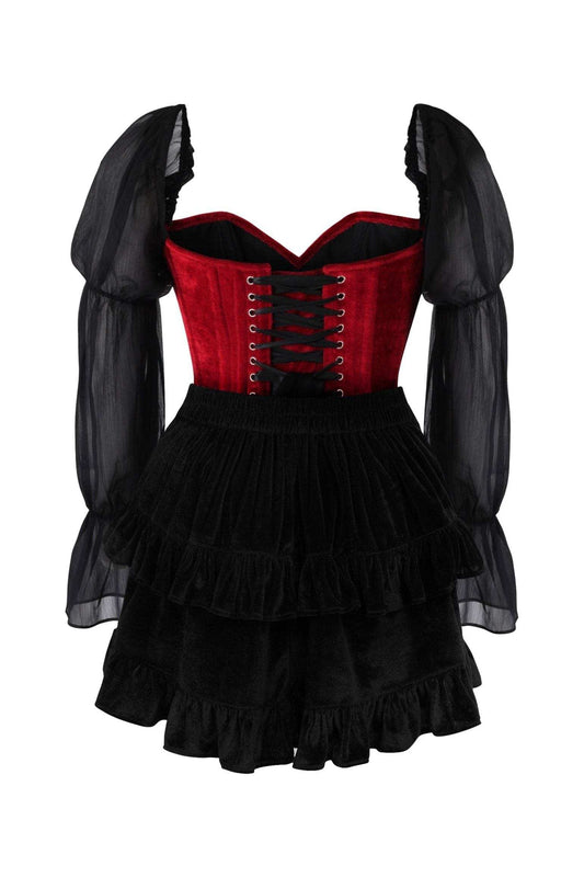 Daisy Corsets Top Drawer 2 PC Dark Red Velvet Steel Boned Corset w/Sleeves & Skirt Set - Daisy Corsets - Flyclothing LLC