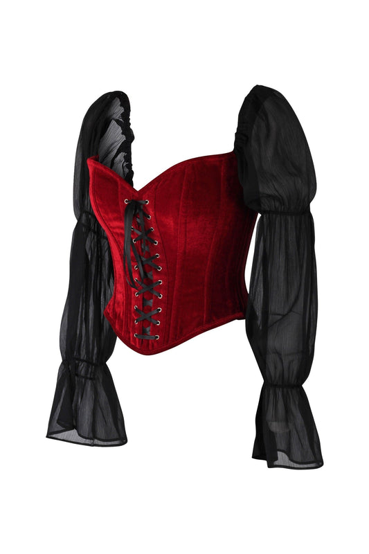 Daisy Corsets Top Drawer Dark Red Velvet Steel Boned Corset w/Sleeves - Daisy Corsets