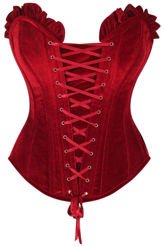 Daisy Corsets Top Drawer Dark Red Velvet Lace-Up Steel Boned Overbust Corset - Daisy Corsets