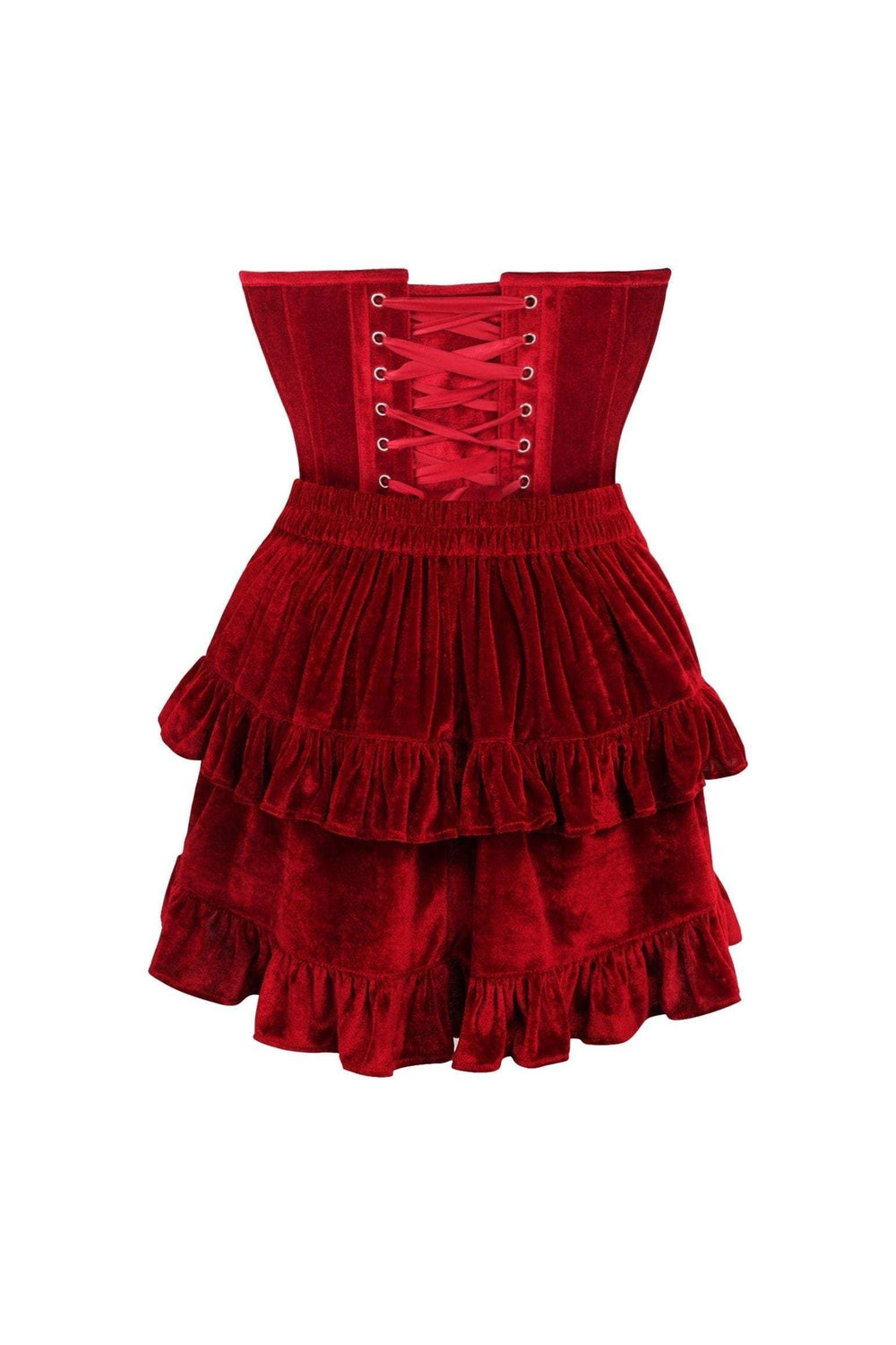 Daisy Corsets Top Drawer 2 PC Steel Boned Dark Red Velvet Plunge Corset & Skirt Set - Daisy Corsets - Flyclothing LLC