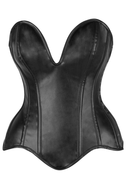 Daisy Corsets Top Drawer Steel Boned Black Faux Leather Plunge Neckline Overbust Corset - Daisy Corsets