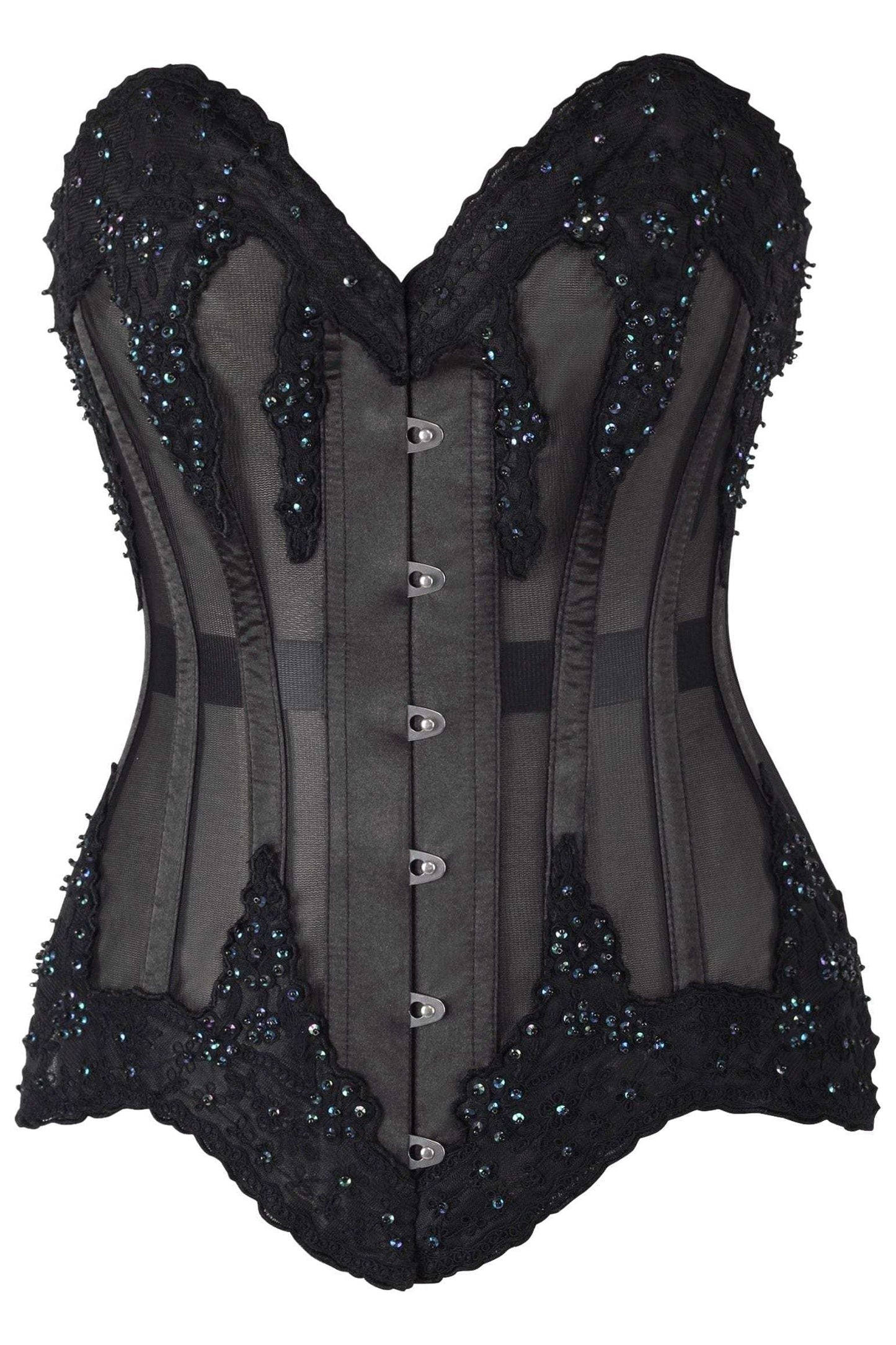 Daisy Corsets Top Drawer Sheer Black Mesh & Beaded Steel Boned Overbust Corset - Daisy Corsets - Flyclothing LLC