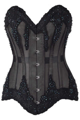 Daisy Corsets Top Drawer Sheer Black Mesh & Beaded Steel Boned Overbust Corset - Daisy Corsets - Flyclothing LLC