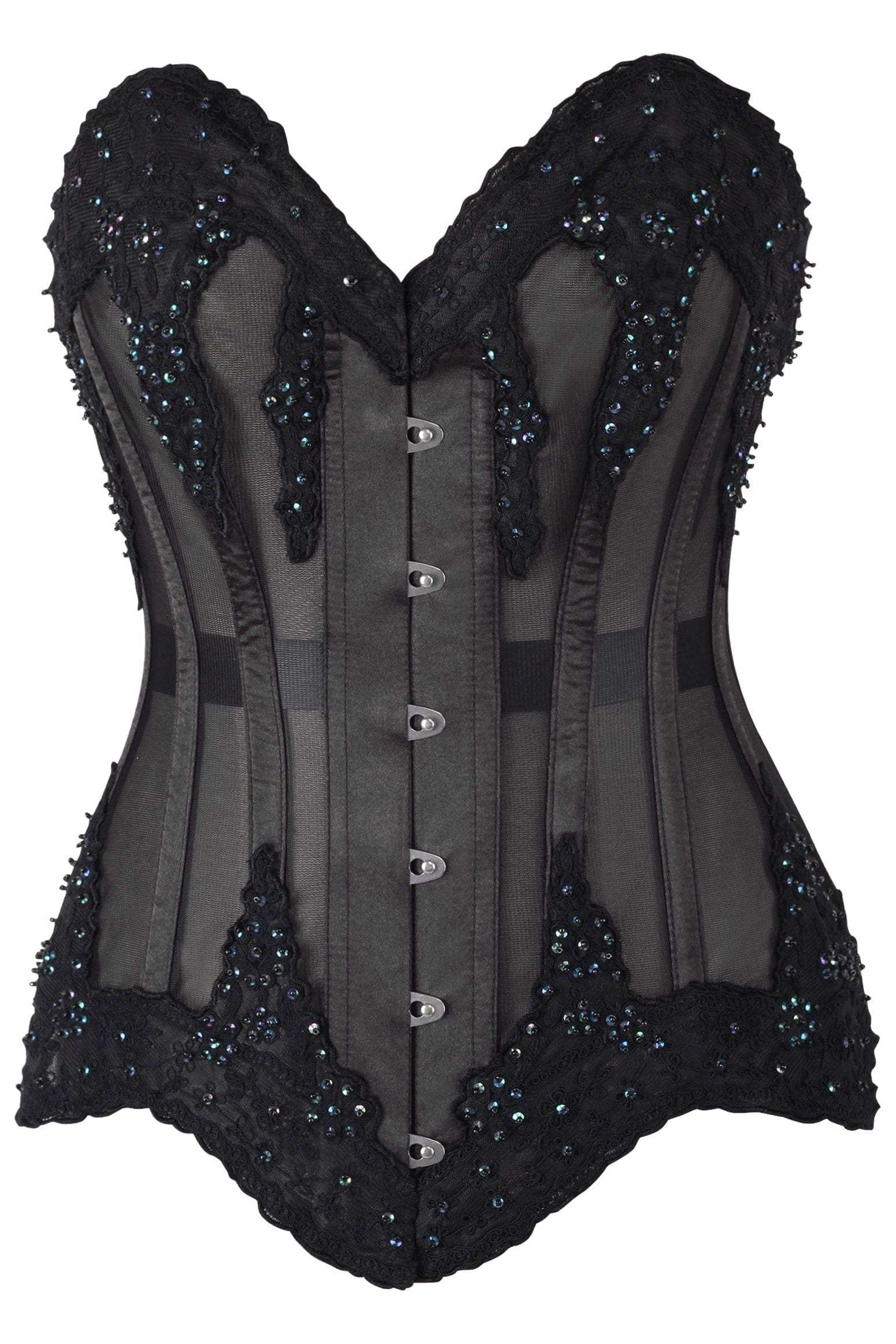 Daisy Corsets Top Drawer Sheer Black Mesh & Beaded Steel Boned Overbust Corset - Daisy Corsets - Flyclothing LLC