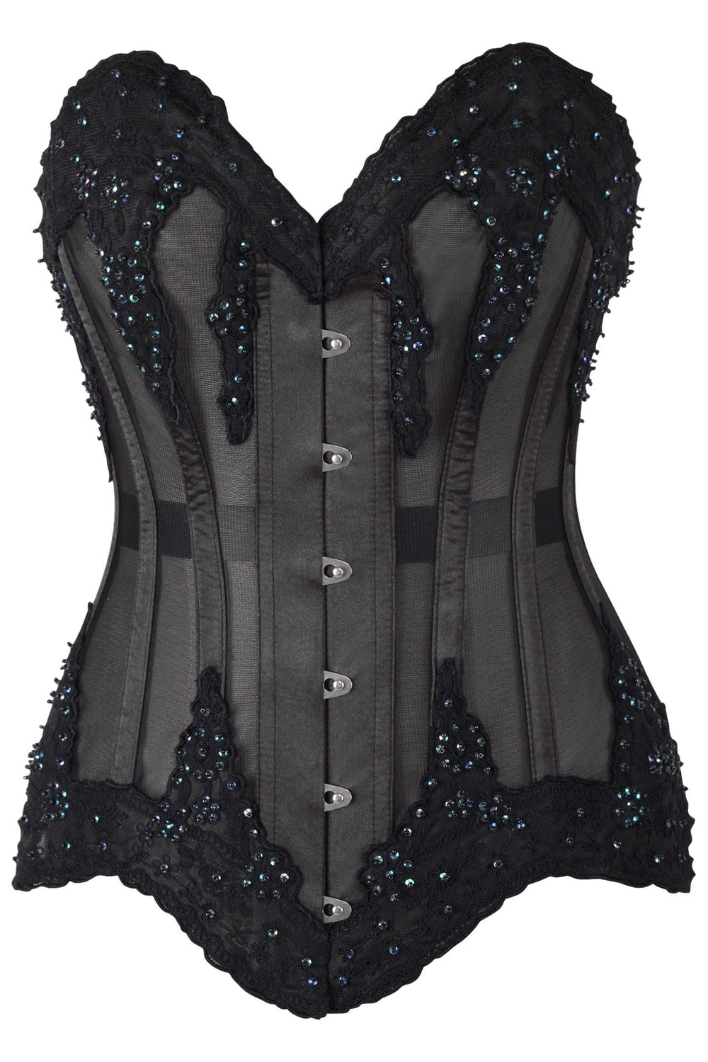 Daisy Corsets Top Drawer Sheer Black Mesh & Beaded Steel Boned Overbust Corset - Daisy Corsets