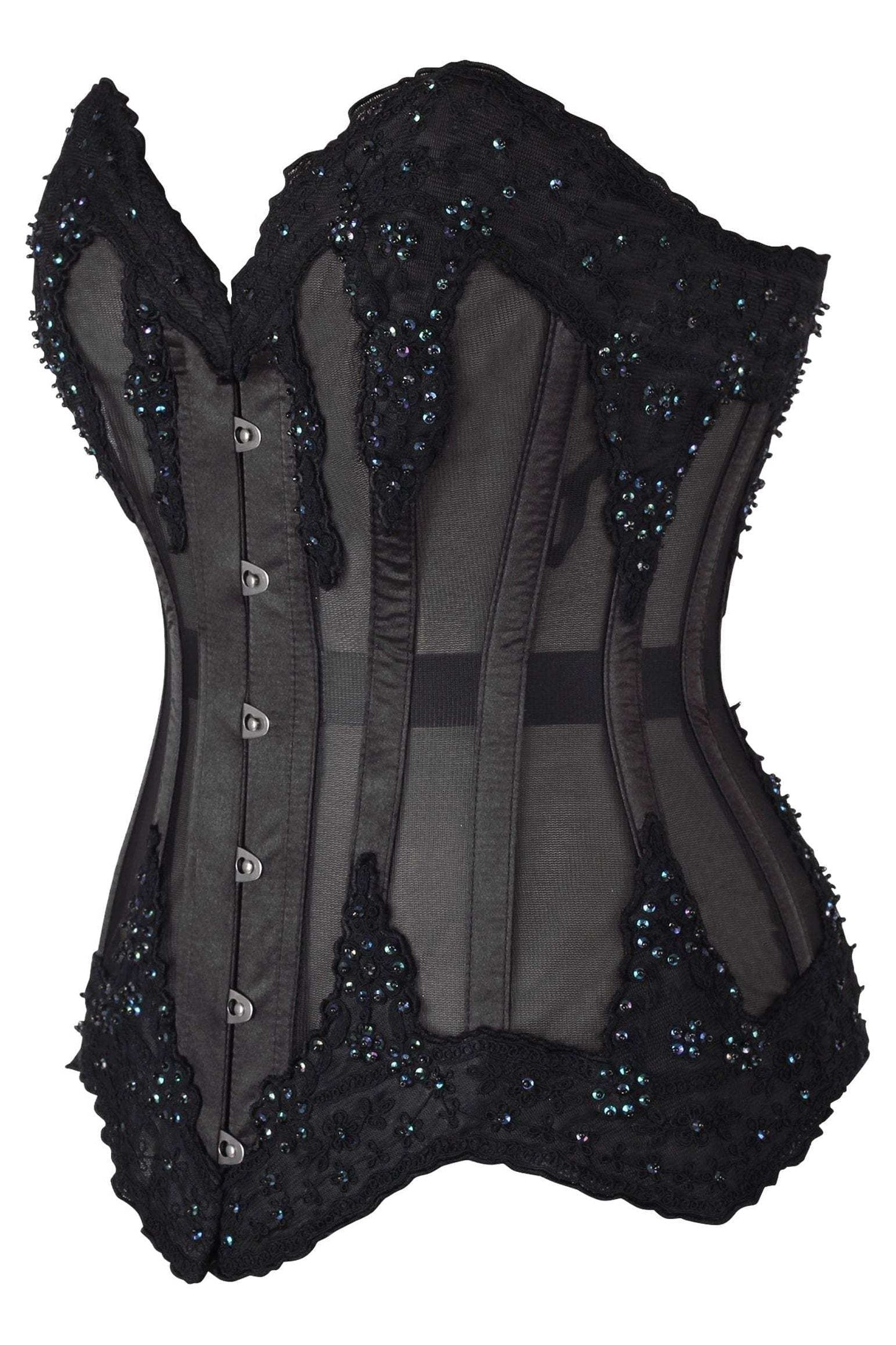 Daisy Corsets Top Drawer Sheer Black Mesh & Beaded Steel Boned Overbust Corset - Daisy Corsets - Flyclothing LLC